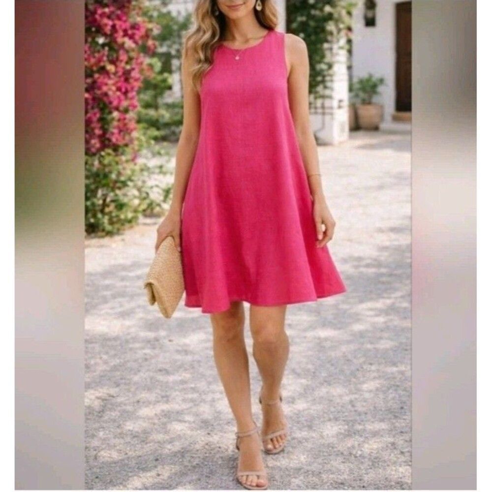 Anthropologie Maeve 100% Linen Pink Sleeveless Tank Swing Dress LINED Medium
